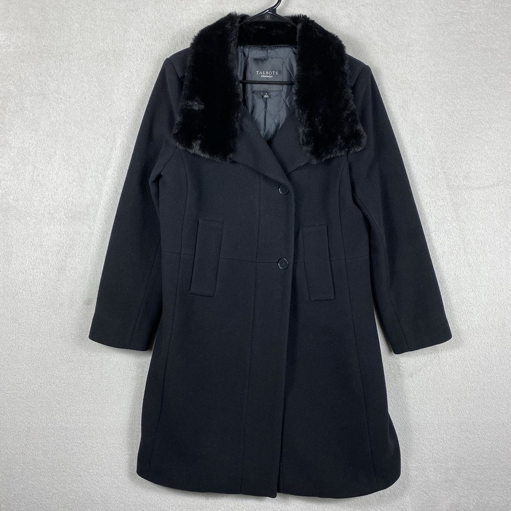 Talbots Wool Blend Longline Pea Coat Womens 4 Black Faux Fur Collar Lined NWOT